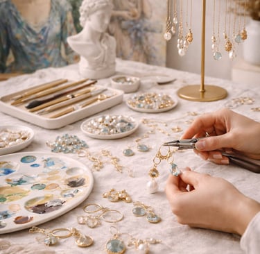 Joyero/a elaborando a mano pendientes de oro y piedras preciosas