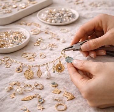 creacion de joyeria con charms con significado en el taller de una tienda de joyeria