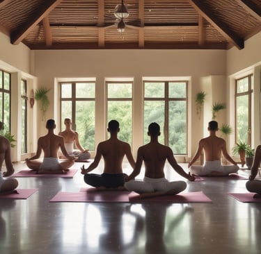Soft-focus image of Indian woman reading literature on yoga therapy benefits, bathed in warm light.