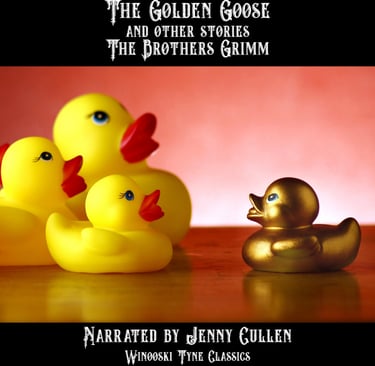 The Golden Goose audiobook cover - a group of rubber ducks and one golden duck