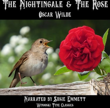 The Nightingale and the Rose audiobook cover - a bird perched on a wooden fence post with a red rose