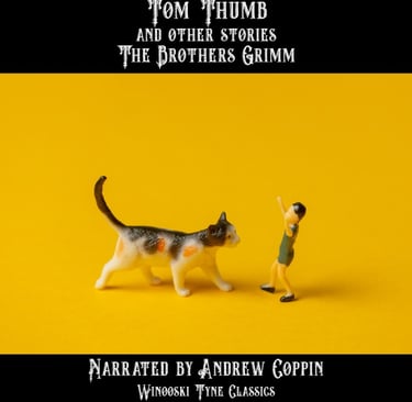 Tom Thumb audiobook cover - a cat and a small man standing next to each other