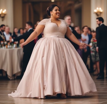 Elegant woman wearing a shimmering evening dress, smiling confidently at a city rooftop party.