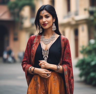 Elegant woman wearing a shimmering evening dress, smiling confidently at a city rooftop party.