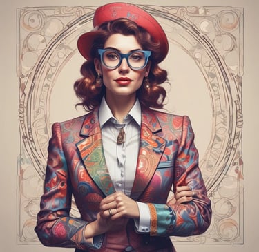 Elegant woman wearing a shimmering evening dress, smiling confidently at a city rooftop party.