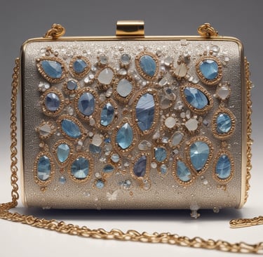 Elegant woman wearing a shimmering evening dress, smiling confidently at a city rooftop party.