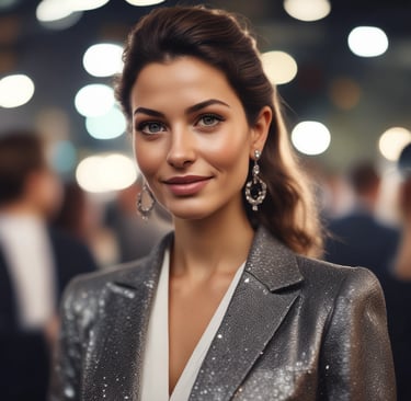 Elegant woman wearing a shimmering evening dress, smiling confidently at a city rooftop party.