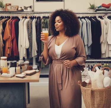 Elegant woman wearing a shimmering evening dress, smiling confidently at a city rooftop party.