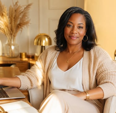 Professional Black woman working on a laptop in a modern, sunlit home office.