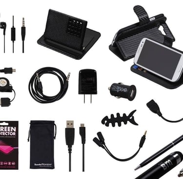 a variety of electronics and accessories including a cell phone, a pen, and a