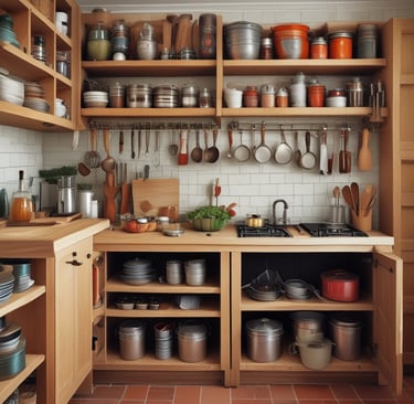 Modern kitchen utensils and cookware neatly arranged on a wooden countertop