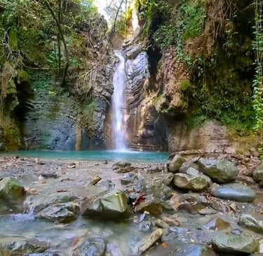 Scenic forest waterfall cascading into a turquoise pool surrounded by mossy rocks and lush greenery.