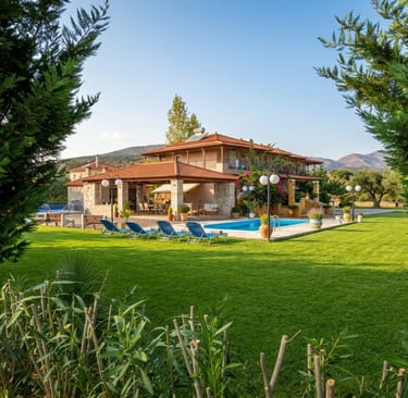 Traditional villa with a swimming pool and lush green lawn under a clear blue sky.