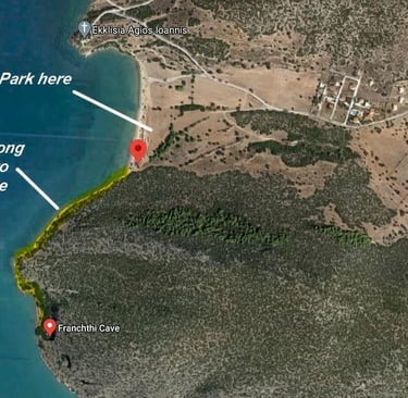 Aerial map showing the coastal walking path from the parking area to Franchthi Cave in Greece.