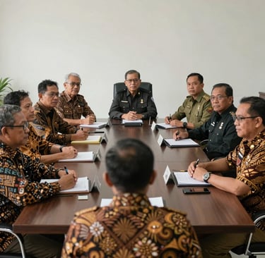 A group of Southeast Asian / Indonesian retired officers in smart-casual batik and uniforms sitting around a large dark wood table in a professional meeting room, looking supportive and confident.