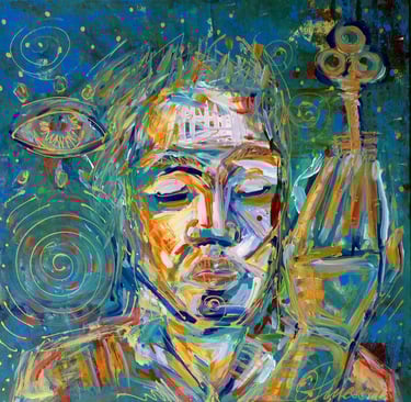 Abstraktes und figuratives Gemälde von Romeo Opincaru, lebendige Farben, Acryl auf Leinwand