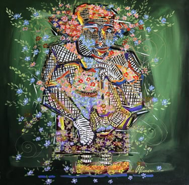 Quadratische Leinwand mit expressiven Farbfeldern und weißen Linien – „Intuition“, Romeo Opincaru