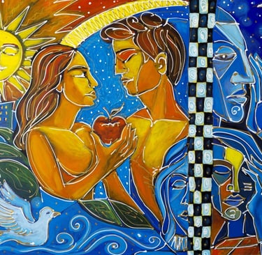 Abstraktes und figuratives Gemälde von Romeo Opincaru, lebendige Farben, Acryl auf Leinwand