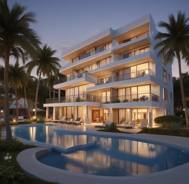 Interior shot of a luxury apartment featuring bespoke furnishings and ambient lighting.