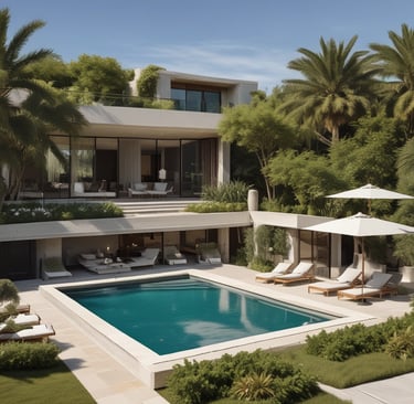 Elegant lobby of a high-end serviced apartment complex with marble floors and designer furnishings.