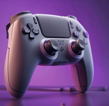 Close-up of a futuristic game controller glowing with purple LED lights on a sleek black surface.