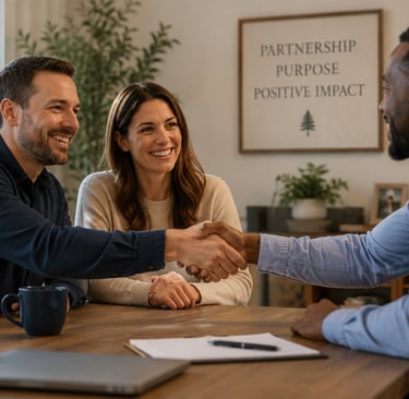 Investors shaking hands, agreeing to help homeowners in distress together
