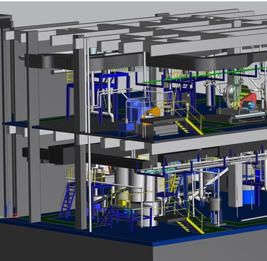 A 3D BIM model of an industrial facility showing detailed piping, machinery, and structural design for plant engineering.