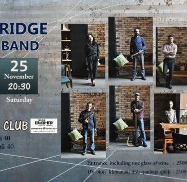 Bridge Band concert poster featuring musician portraits for a live performance at The Club on Tumanyan 40.