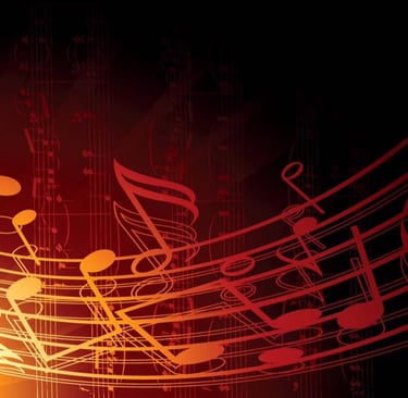 Abstract musical notes background with glowing orange and red staff lines and sheet music motifs.