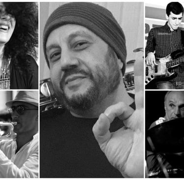 Black and white collage of jazz musicians performing with trumpet, bass, and drums.