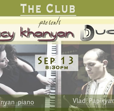 Poster for Lucy Khanyan Duo live performance featuring piano and santur on September 13.