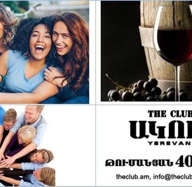 Friends laughing, red wine glass, and a group huddle representing The Club Yerevan in Armenia.