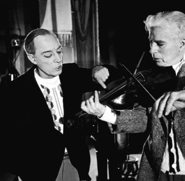 Buster Keaton and Charlie Chaplin rehearse together for the classic film Limelight.