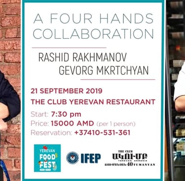 Poster for a four hands collaboration dinner at The Club Yerevan with chefs Rashid Rakhmanov and Gevorg Mkrtchyan.
