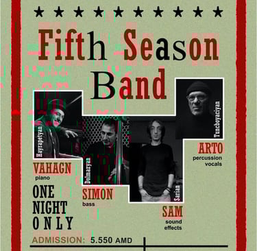 Vintage-style event poster for Fifth Season Band concert in Yerevan, Armenia featuring Vahagn, Simon, Sam, and Arto.