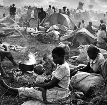 A black and white photo of families in a crowded humanitarian refugee camp with makeshift tents.