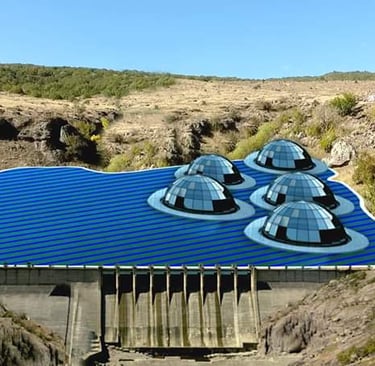 A futuristic hydroelectric dam featuring glass domes and solar panels integrated into a rocky landscape.