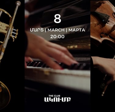 Live music event poster featuring a brass trumpet, piano keys, and a violin for a March 8th concert.