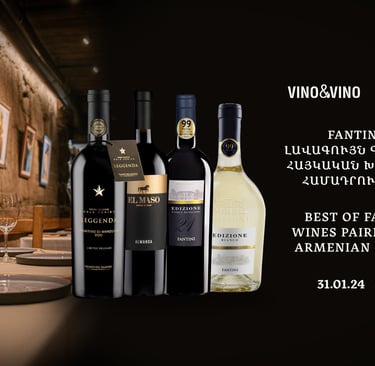 Selection of Fantini wines displayed for a wine tasting and food pairing event with Armenian cuisine.