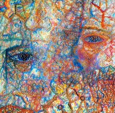 Abstract mixed media painting featuring textured faces and mosaic patterns in blue, orange, and gold.