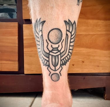 Scarab tattoo in dotwork on leg — Hurghada Tattoo Studio