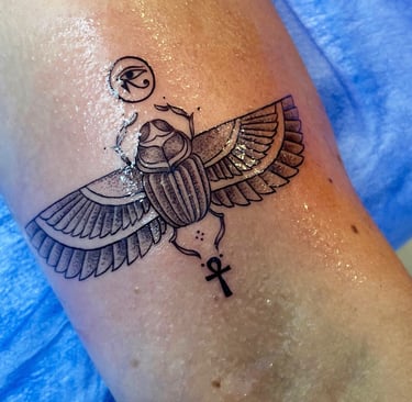Scarab tattoo in dotwork on forearm — Hurghada Tattoo Studio