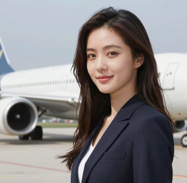 Photo of a confident woman standing in front of aircraft parts shelves.