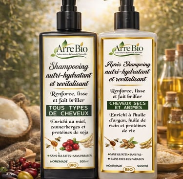 Arre Bio natural shampoo and conditioner bottles on a wooden table with olives and honey ingredients.