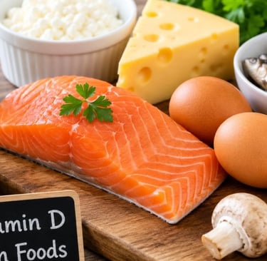 Salmon, mackerel, sardines, tuna, eggs, mushrooms, fortified milk, and cheese arranged as vitamin D-