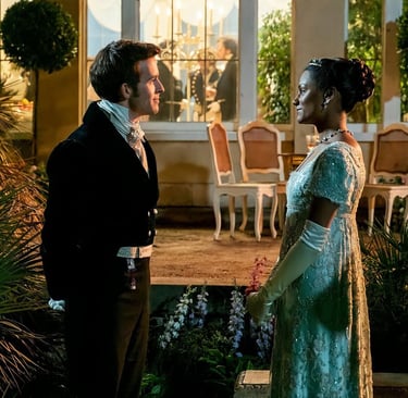 Anthony Bridgerton e Kate Sharma se encarando intensamente em um jardim, ilustrando o romance "enemi