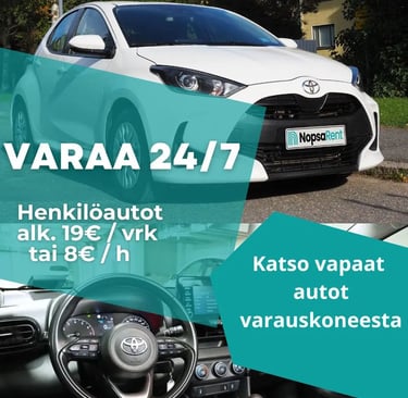 Henkilöautot alkaen 8€/h, 19€/pv Helppo varaus ja avaimeton käyttö puhelimella.