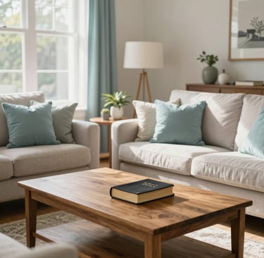 A high-quality photography of a bright, sun-drenched living room in a North American home. The space is decorated with soft powder blue pillows and muted sea green accents, featuring comfortable furniture and a Bible on a wooden coffee table. The atmosphere is peaceful, warm, and inviting.