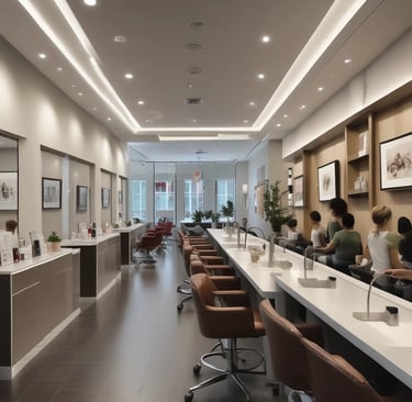 A salon receptionist desk featuring the exilonai AI assistant managing client messages on a futuristic interface.
