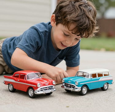 Young boy playing with vintage red and blue toy cars on a concrete driveway outdoors.